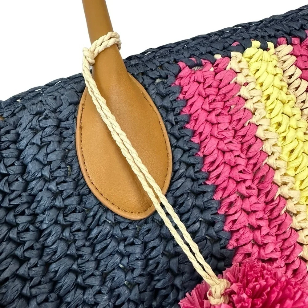 NEW Talbots Navy Stripe Straw Raffia Summer Large Tote Bag
